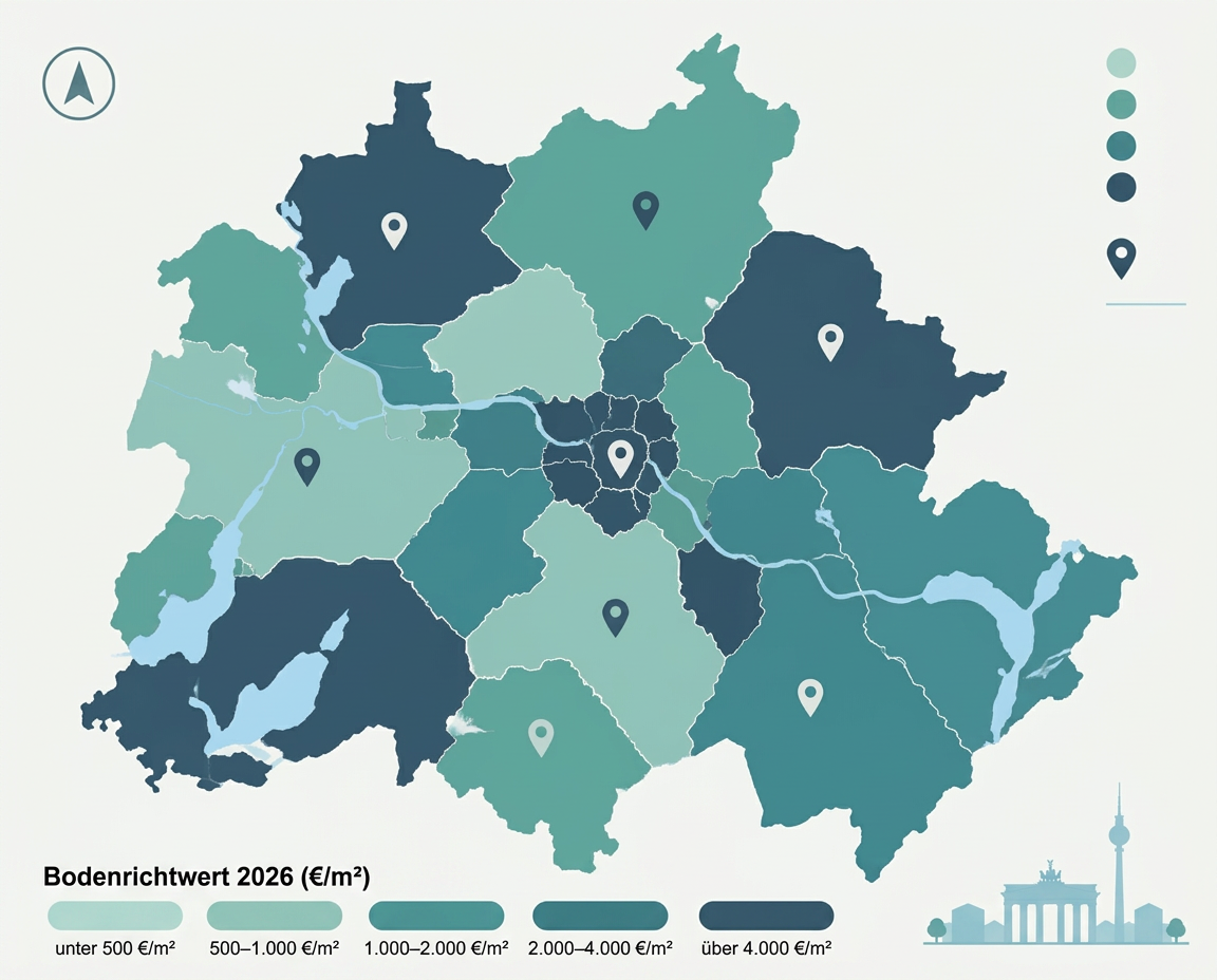 Karte der zwölf Berliner Bezirke mit Bodenrichtwerten 2026 in €/m², farbig nach Preisstufe
