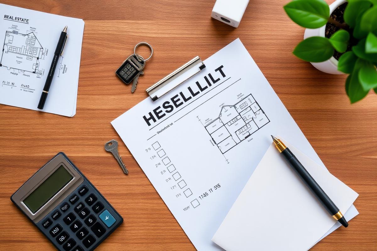 Checkliste Hausverkauf mit Grundriss, Schlüsseln und Taschenrechner