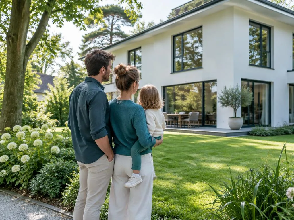 Private Käufer im Netzwerk des Immobilienmaklers Berlin – Familie vor einem Eigenheim im Grünen (Illustration)